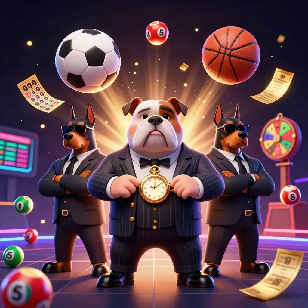Mafia-boss bulldog and two Dobermans amid flying sports balls, lottery balls and casino glints.