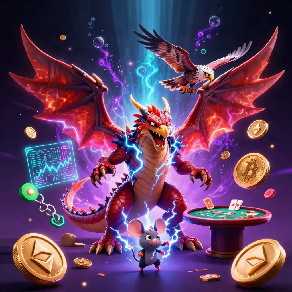 Thunder dragon, winged hawk, and crackling mouse amid casino treasure and neon energy