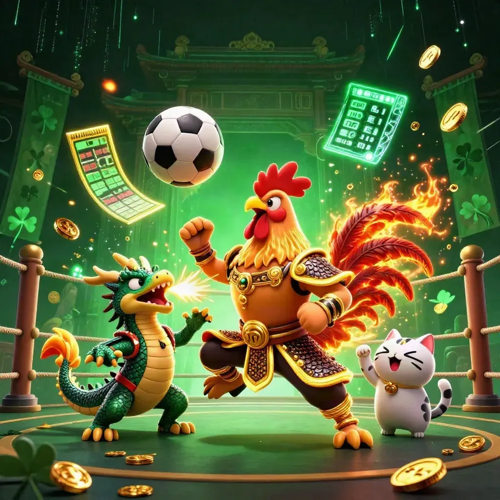 Rooster warrior, dragon hatchling, and fortune cat amid sports balls, coins, sparks, and neon haze.