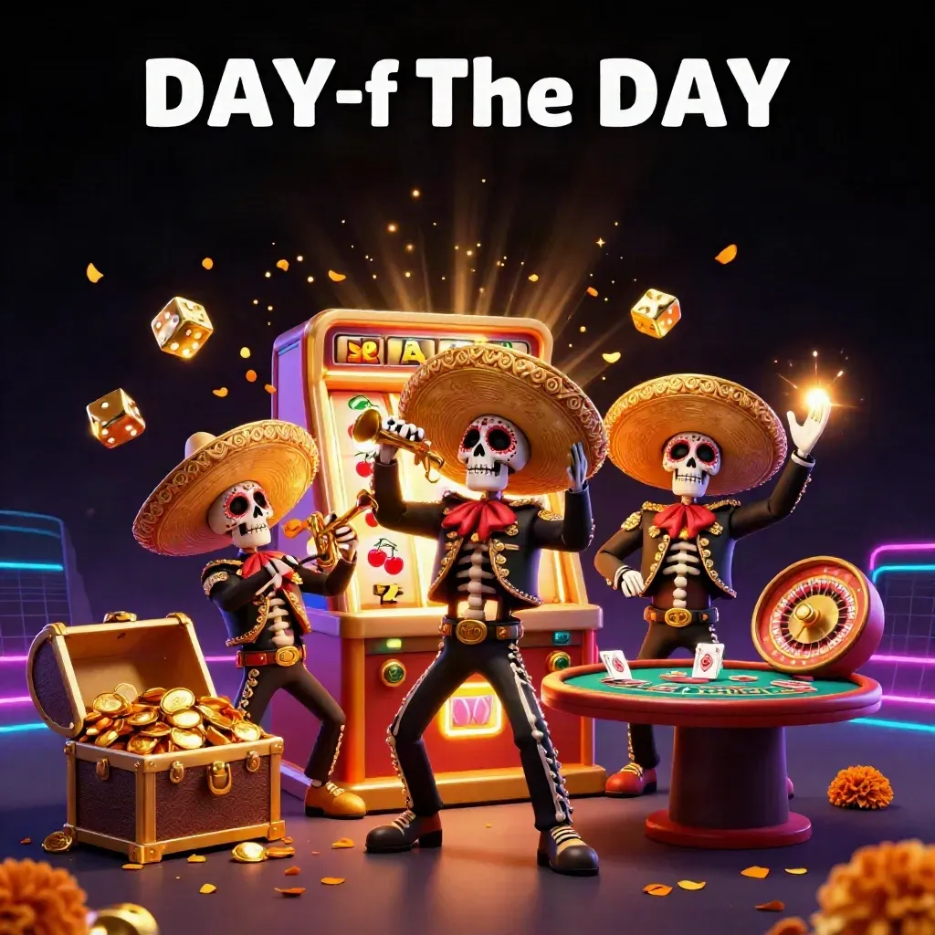 Skeleton mariachi trio amid exploding slot machine, roulette, blackjack, gold, and neon casino glow.