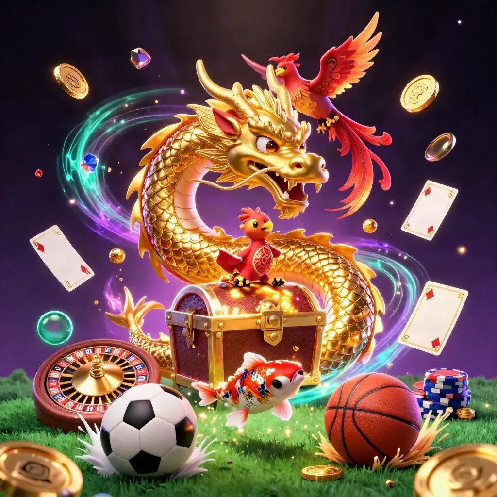 Golden dragon with phoenix and koi amid casino chips, roulette wheel, coins, and a soccer ball.