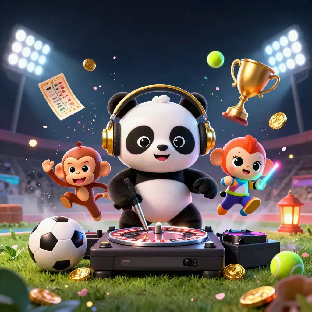 DJ panda, breakdancing monkey and glow-stick kitten amid flying sports balls and casino lights