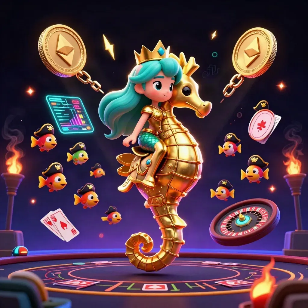 Mermaid princess on armored seahorse with pirate fish, neon coins, cards, and casino embers.