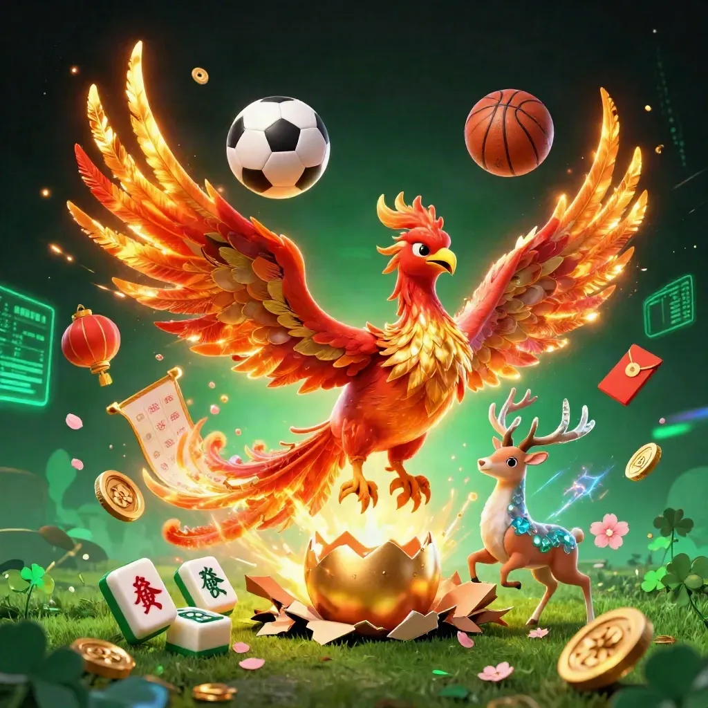 Phoenix, stag and casino symbols erupt around a flying soccer ball and basketball at ground level.