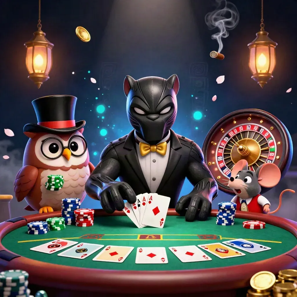 Panther dealer, owl, and mouse amid chips, cards, roulette glow, smoke, and luxury casino lights.