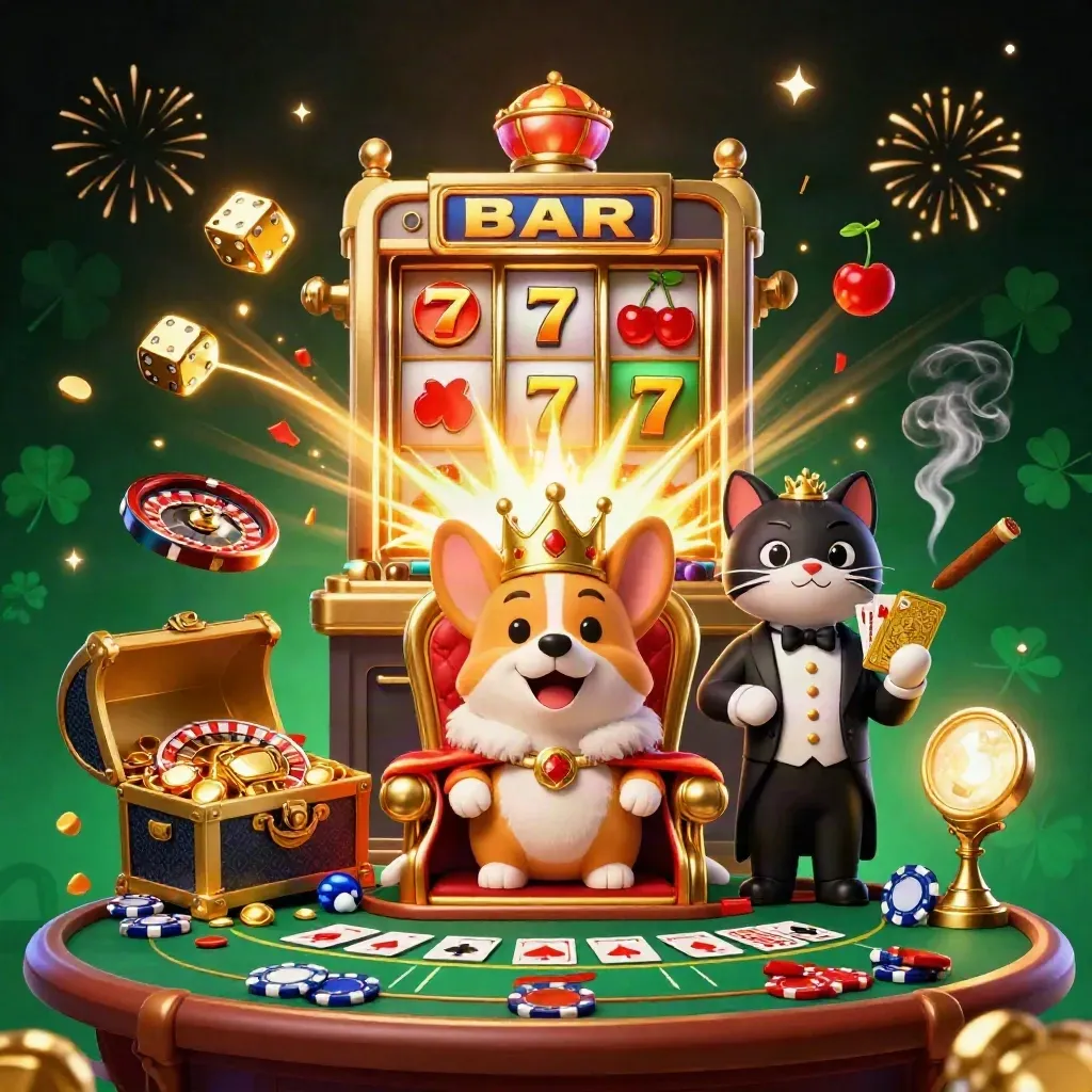 Royal corgi, cat butler, slot burst, roulette spin, glowing casino luxury, dark emerald backdrop