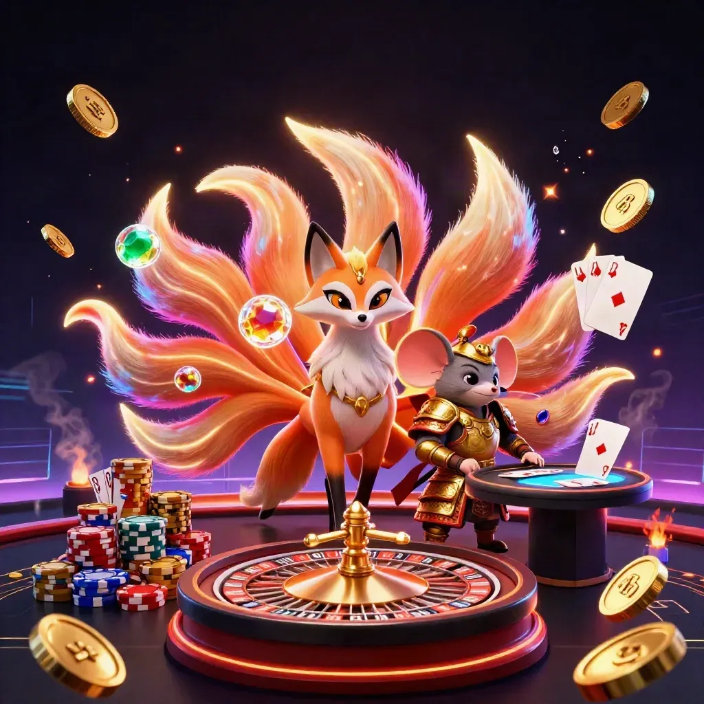 Neon fox spirit and armored mouse amid casino lights, coins, gems, roulette wheel