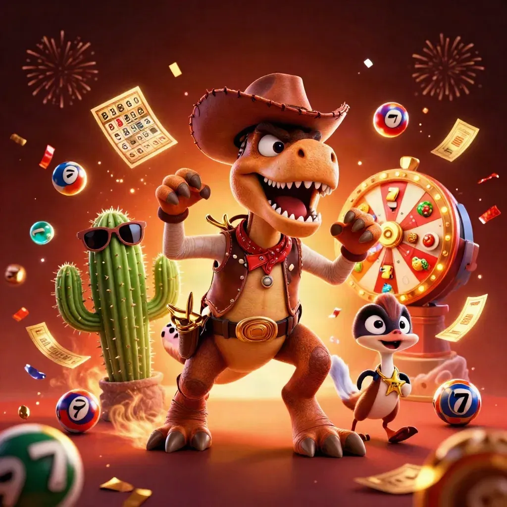 Cowboy T-Rex, cactus sidekick, and roadrunner amid casino bursts, confetti, and glowing gold chaos.