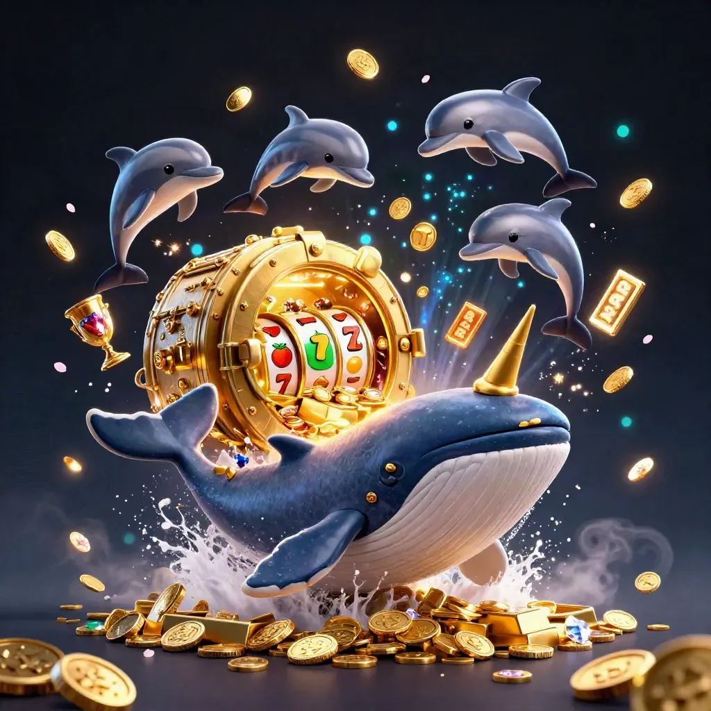 Whale captain, narwhal, and dolphins burst from coins beside a glowing treasure vault.