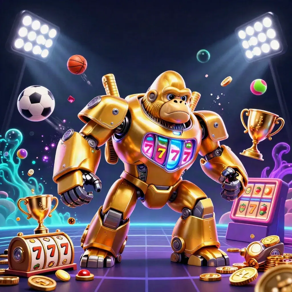 Golden gorilla mech with monkey pilot amid sports balls, coins, trophy and neon casino glow.