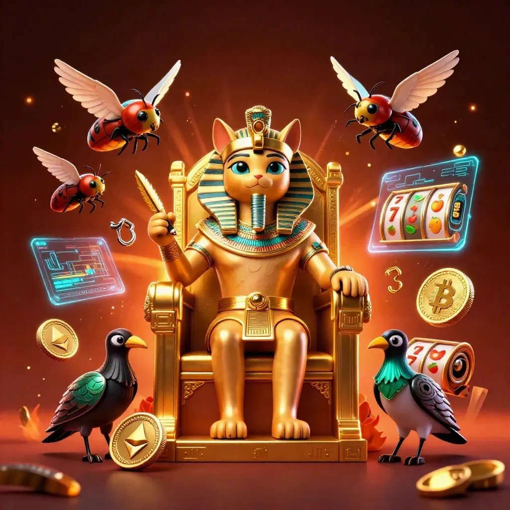 Pharaoh cat, ibis scribe, and scarab beetles amid gold coins and casino magic