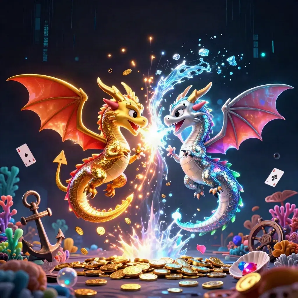 Twin gold and silver dragons spiral over a glowing treasure cove with coins, coral, and lightning.