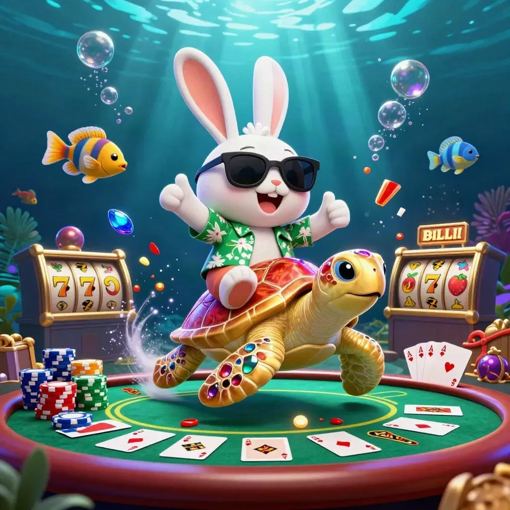 Lucky rabbit rides a jeweled sea turtle underwater amid poker chips, cards, and glowing treasure