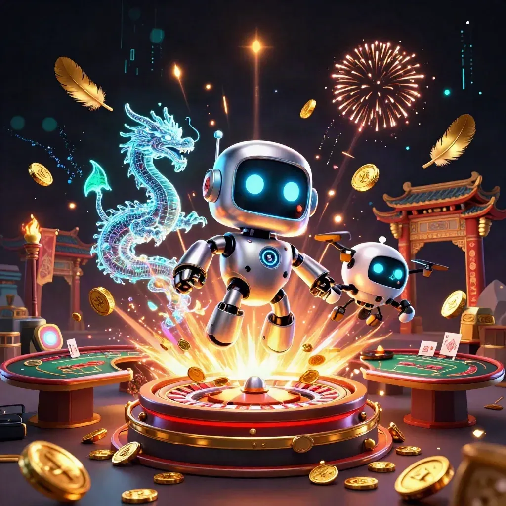 Cyberpunk robot, holographic dragon, and drone amid exploding gold coins and casino fireworks.