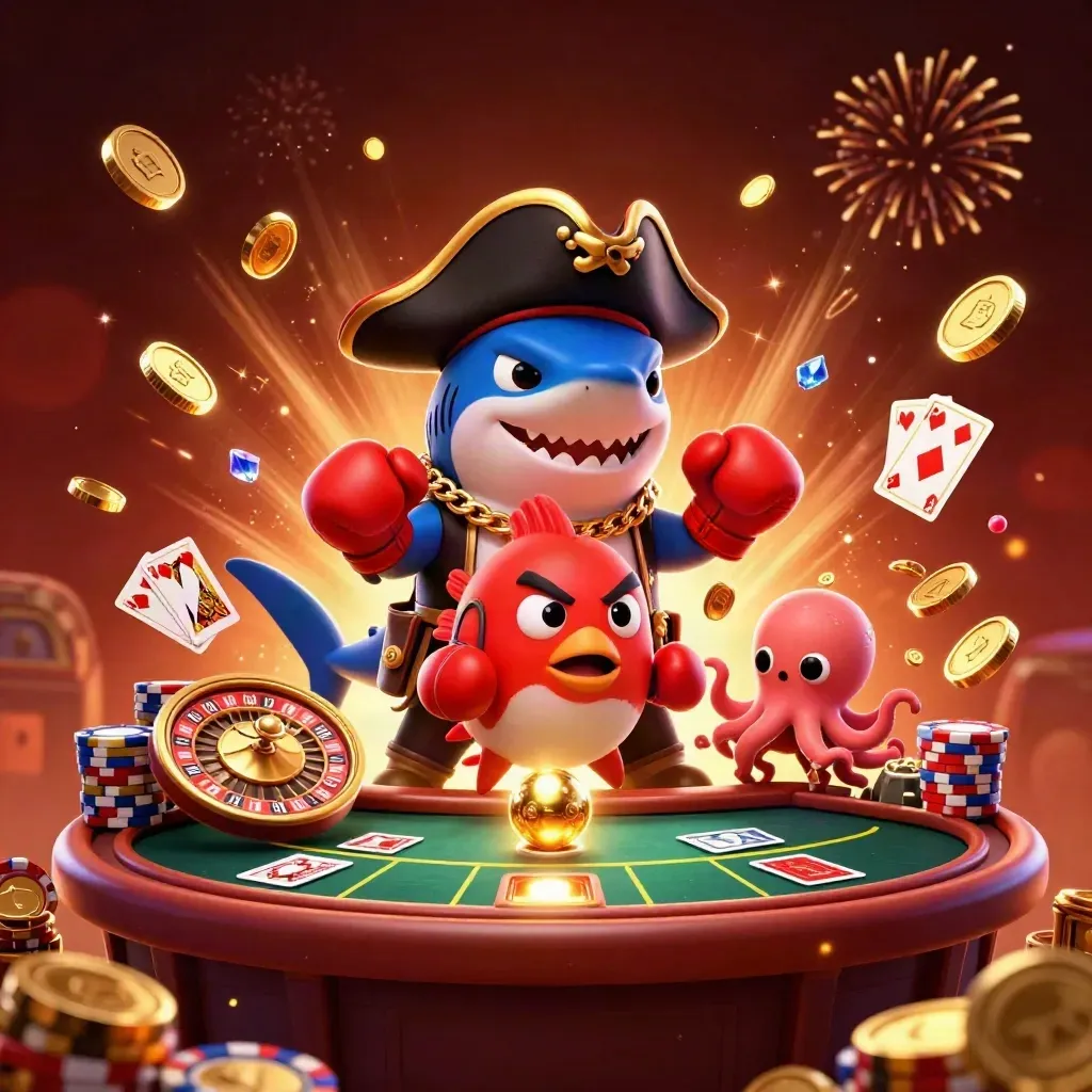 Pirate shark, boxing pufferfish, and octopus amid casino coins, cards, chips, and fireworks.