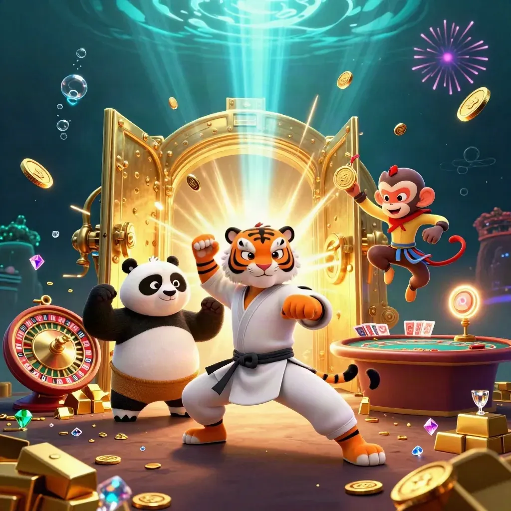 Kung-fu tiger, panda, and monkey burst from a golden vault with coins, fireworks, and casino lights.