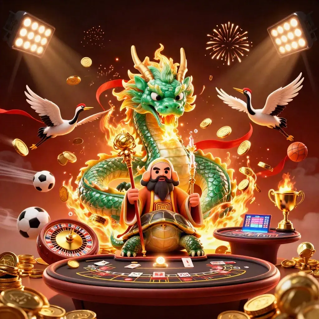 Dragon, turtle sage, and cranes amid coins, roulette, cards, fireworks, and casino lights.