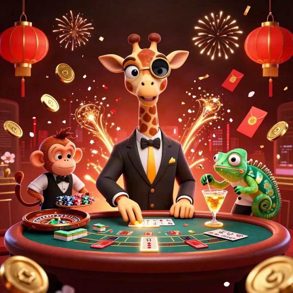 3D giraffe, monkey, and chameleon amid casino treasure, coins, fireworks, and neon lights.