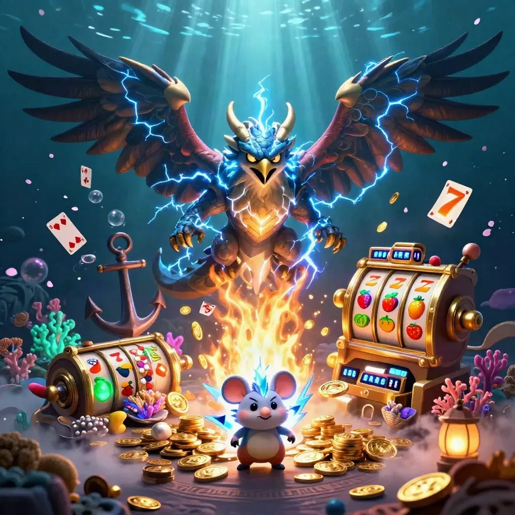 Thunder dragon, hawk and static mouse above a glowing underwater treasure cove with slot symbols.