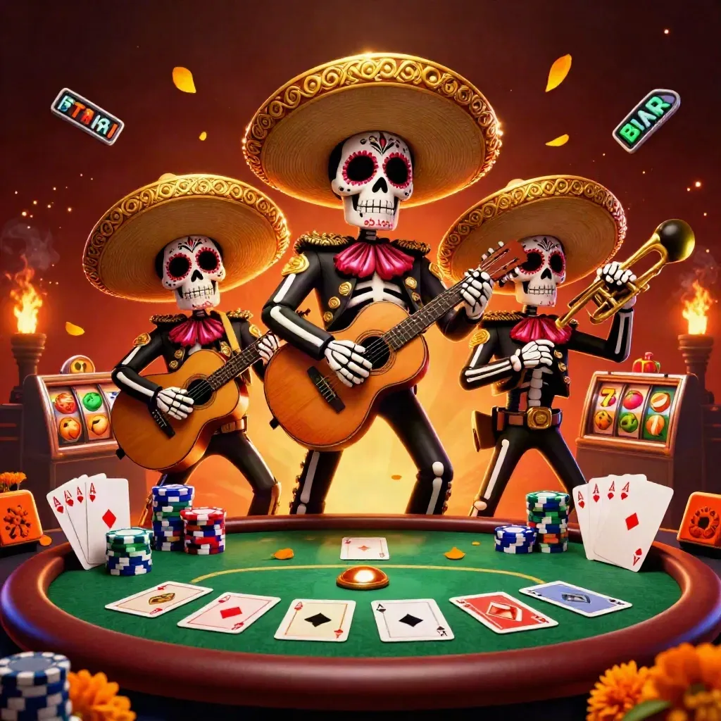 Skeleton mariachi trio amid cards, chips, reels, and embers in luxe casino lighting.