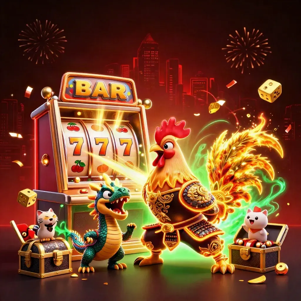 Rooster warrior, dragon hatchling and fortune cat amid exploding slot symbols and gold