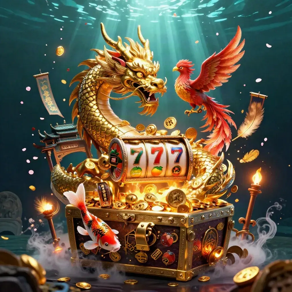 Golden dragon, red phoenix, koi, coins, temple gate and slot symbols in a luxe casino scene.