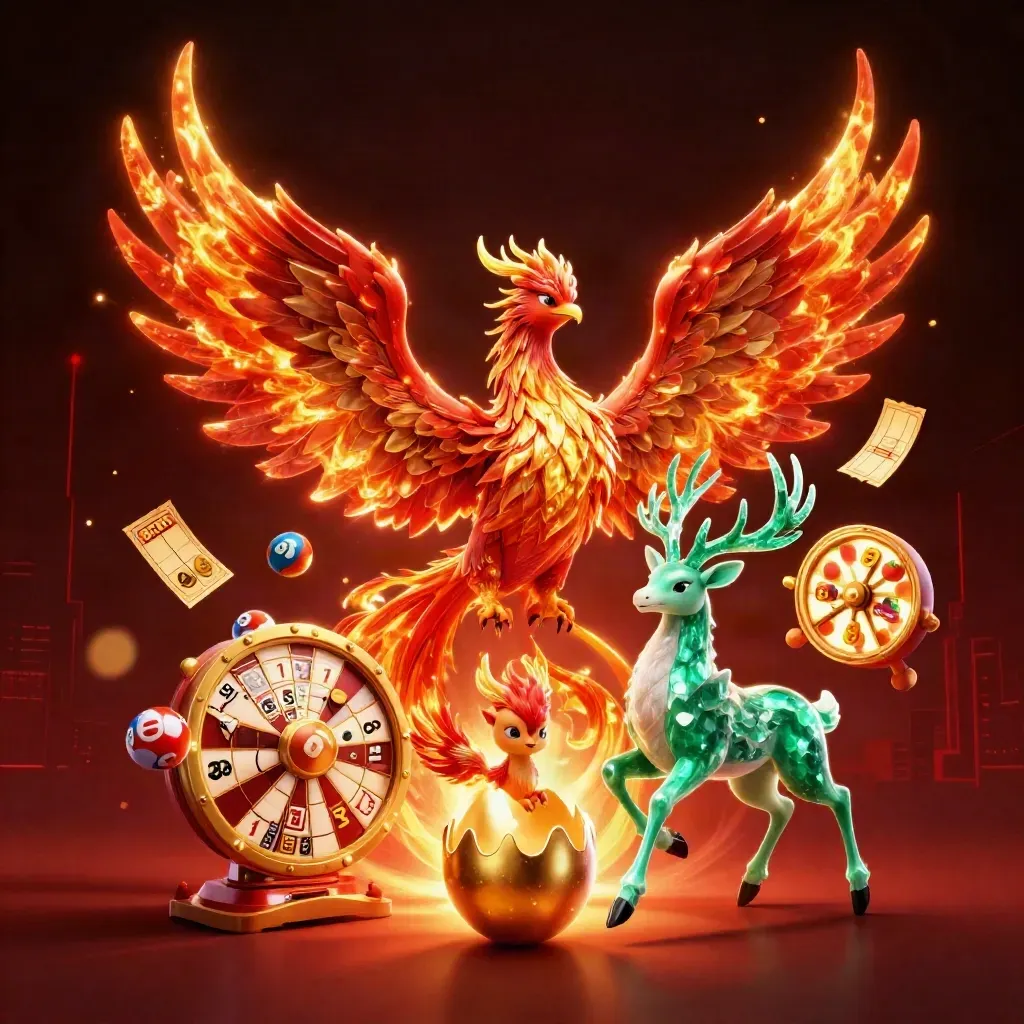 Phoenix, baby phoenix, and crystal stag amid casino prizes and glowing slot symbols.