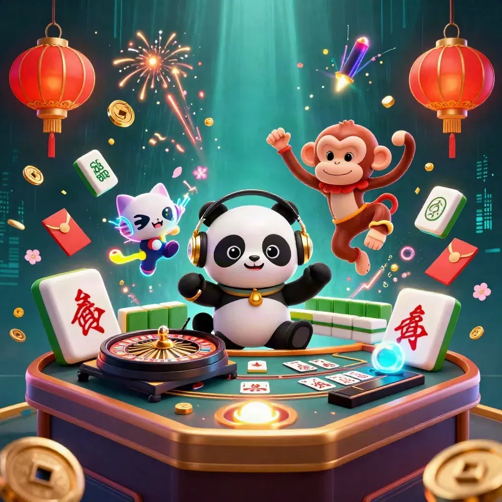 DJ panda, breakdancing monkey, and rave kitten amid casino props, neon gold and red lights.