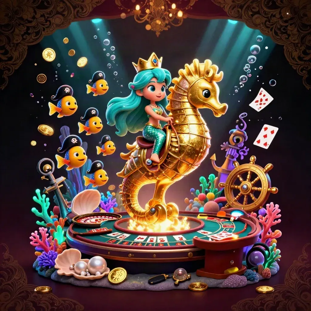 Mermaid princess on armored seahorse amid casino treasure, cards, roulette, and glowing coral.